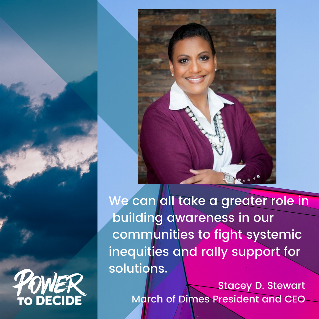 Head shot of Stewart and a quote, "We can all take a greater role in building awareness in our communities to fight systemic inequities and rally support for solutions."