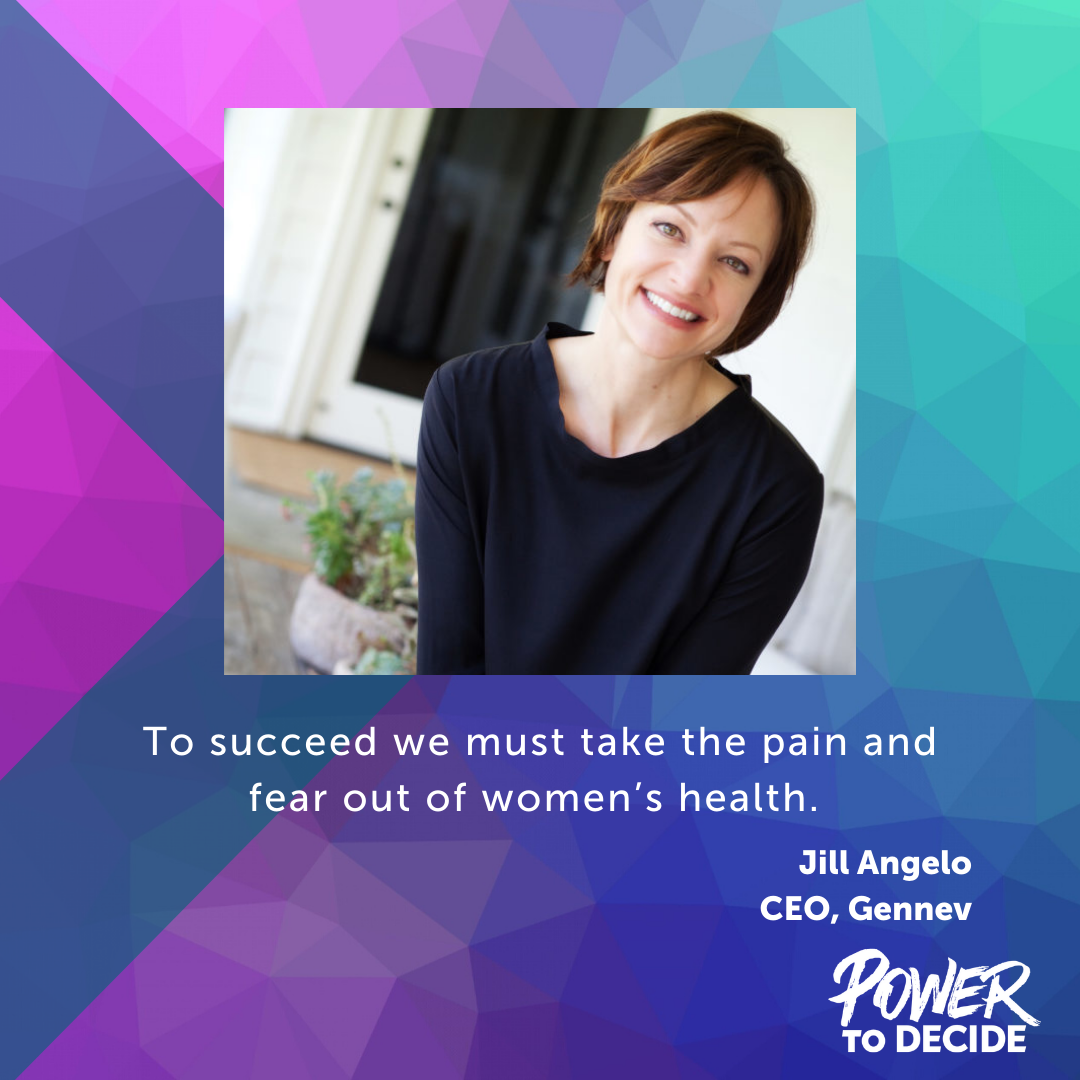 A headshot of Angelo with a quote from the interview, "To succeed we must take the pain and fear out of women's health."