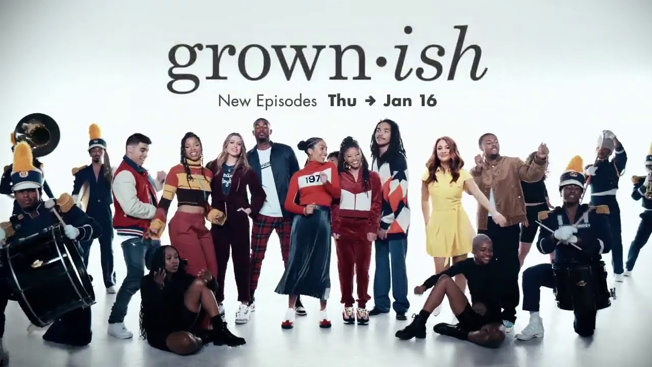 A cast photo of the TV show Grown-ish, which airs on Freeform and Hulu on Thursday's at 9pm ET. 