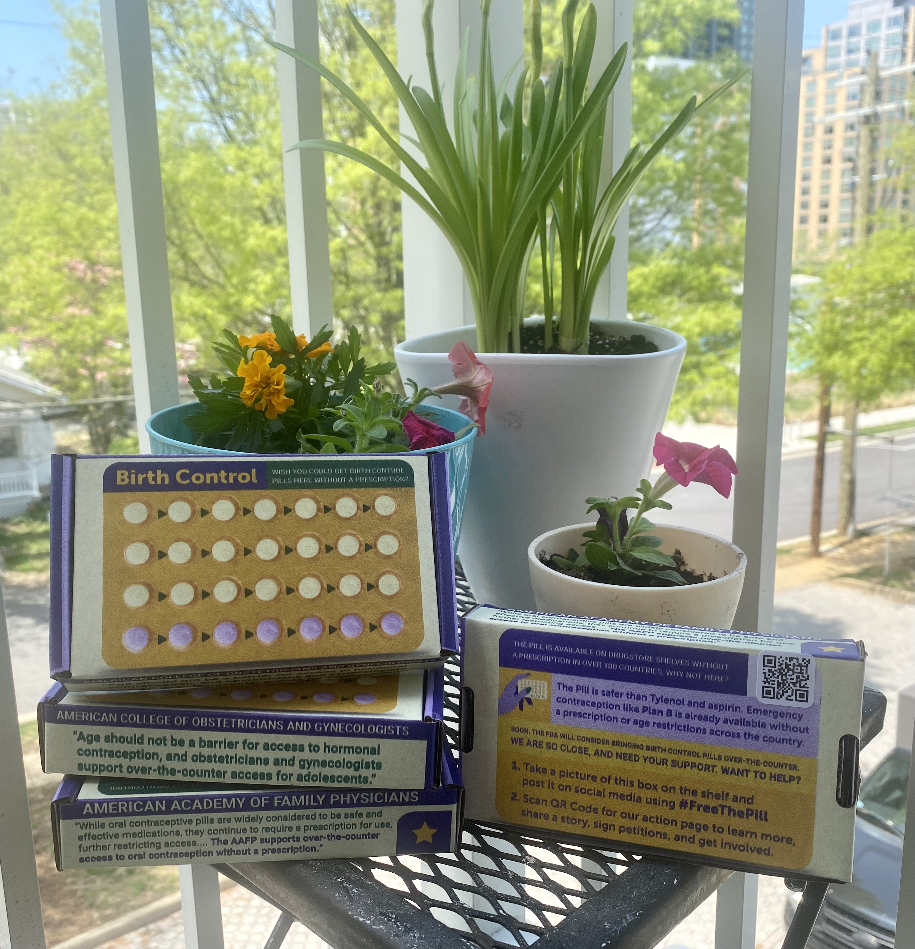 Four boxes showing what over-the-counter birth control could look like. The boxes are sitting on a table in front of some flowers on a balcony. 