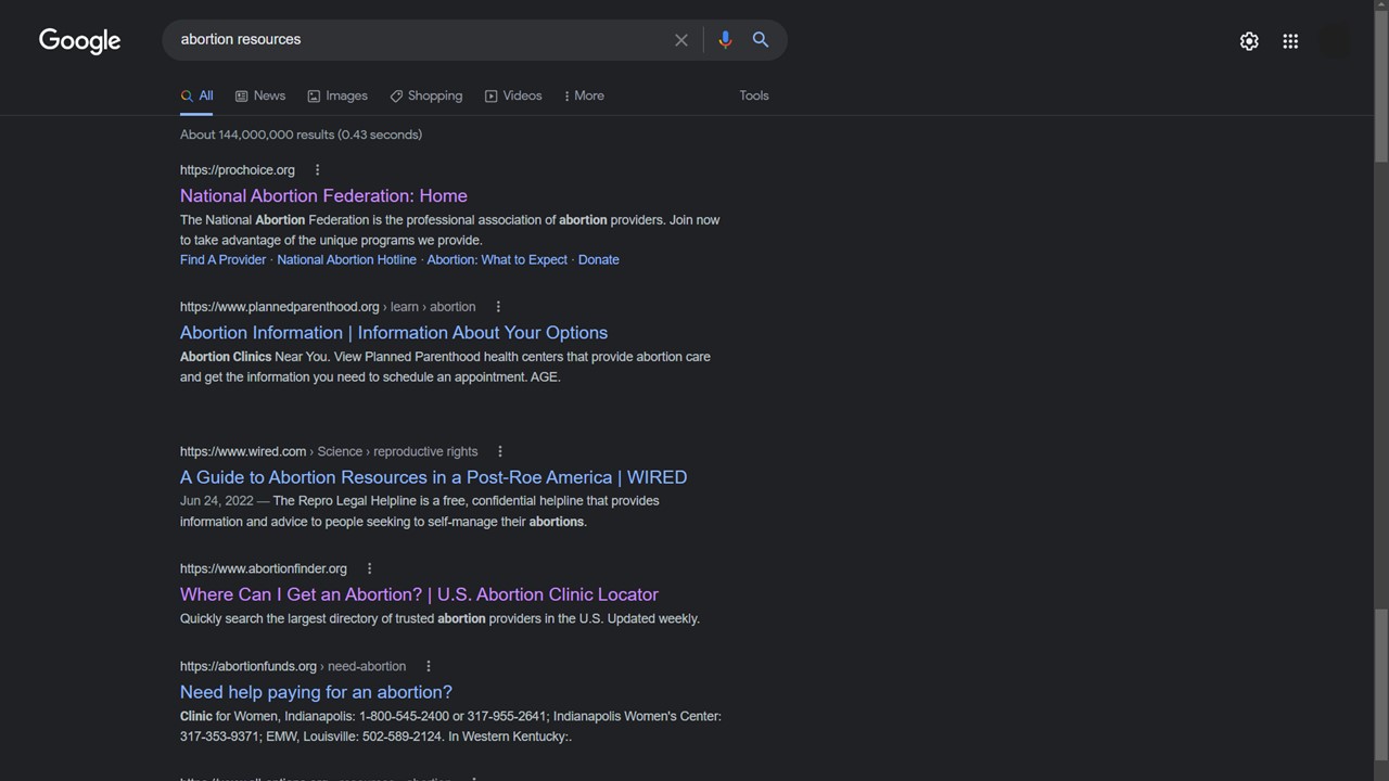 A screenshot of Google results for "abortion resources."