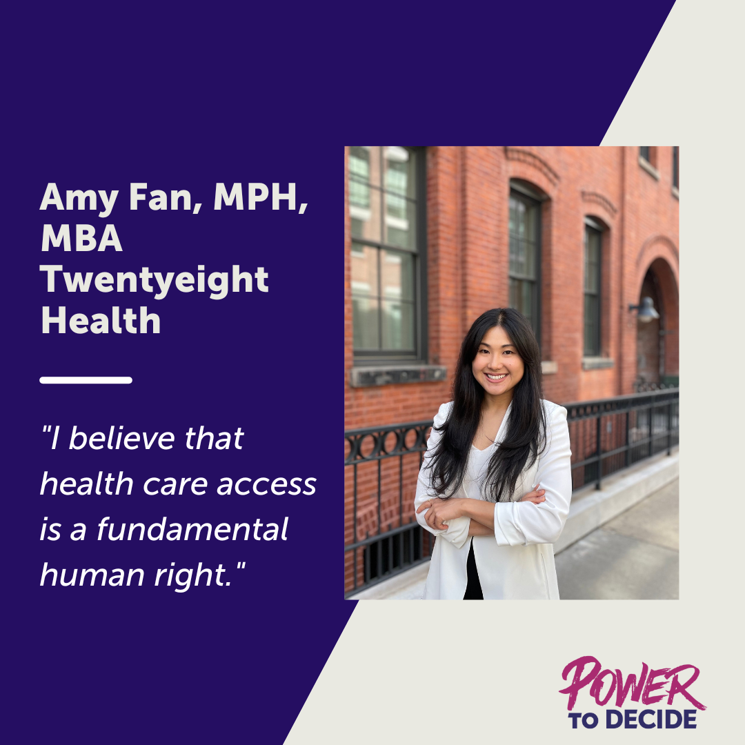 A photo of Amy Fan and a quote from the interview, "I believe that health care access is a fundamental human right."