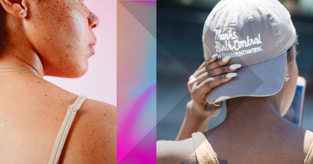 An image of a contemplative woman next to a woman in a hat that says, "Thanks, Birth Control."