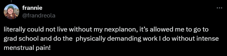 A screenshot of an X post by user @frandreola saying #ThxBirthControl.