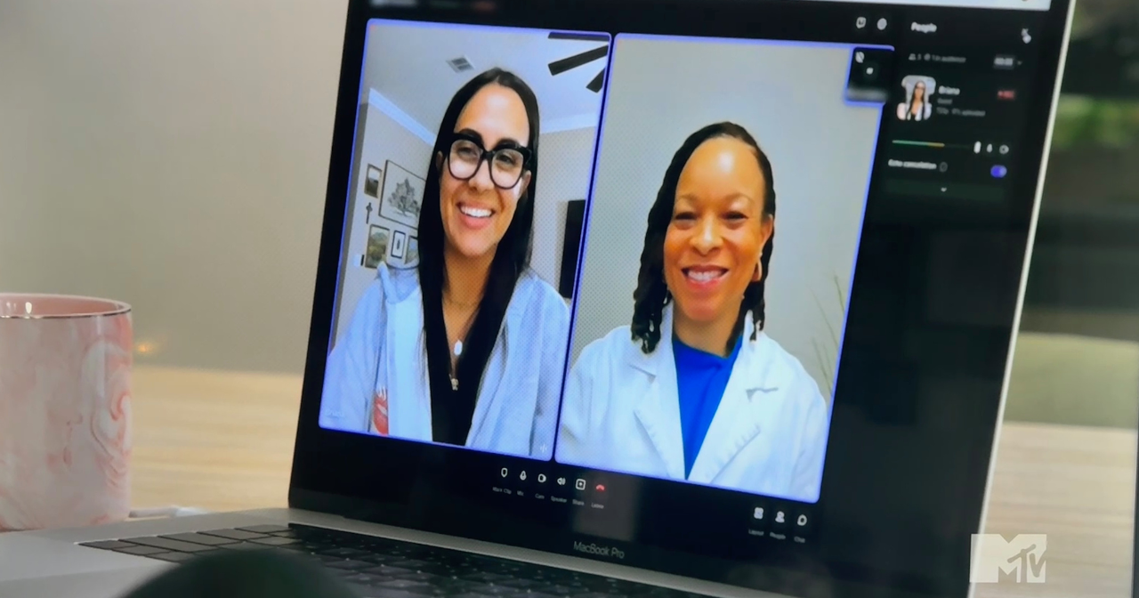 A still from an episode of Teen Mom: The Next Chapter showing Dr. Raegan and Briana DeJesus speaking to each other via video call. 