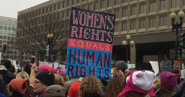 A sign at a protest that reads, "Women's rights are human rights"