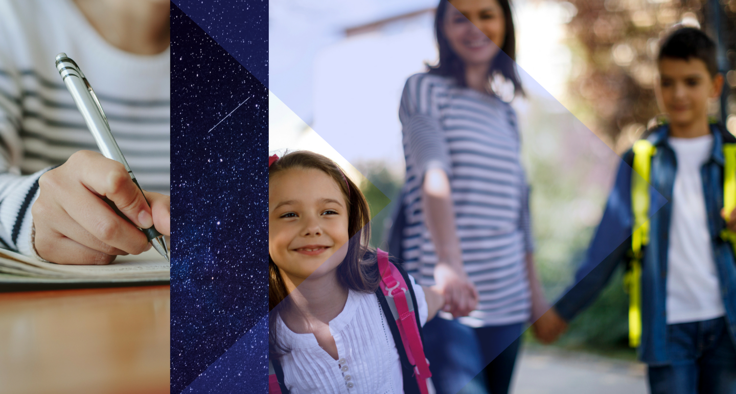 a hand takes notes and a mother walks her children to school