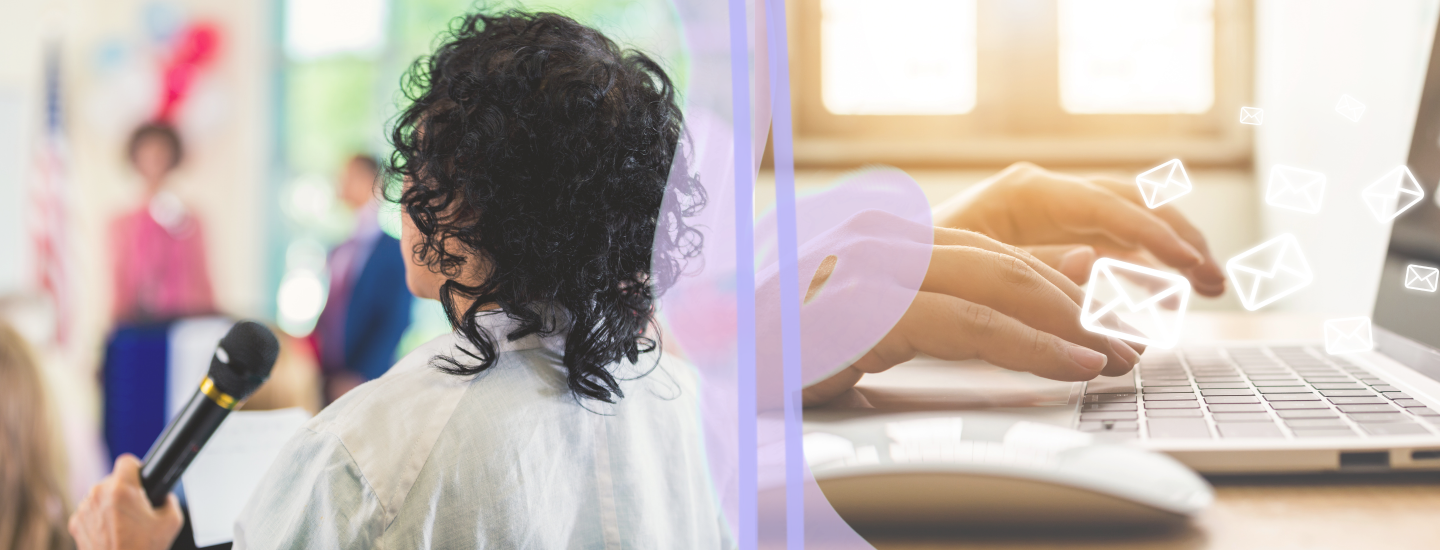An image of a woman with a microphone speaking at a public meeting next to an image of hands sending emails. 