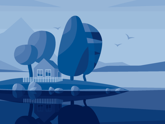 illustration of a house on a lake with trees