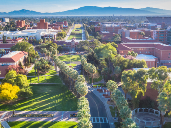 An aerial view of a college campus