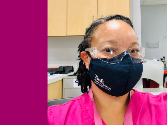 An image of Dr. Raegan McDonald-Mosley in a Thanks Birth Control mask. 