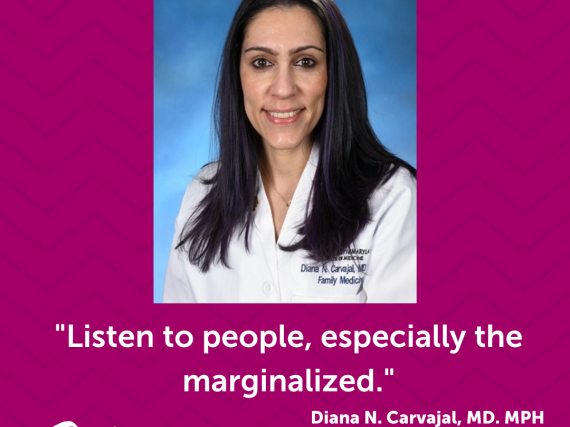 A photo of Dr. Carvajal and a quote from the blog, "Listen to people, especially the marginalized."