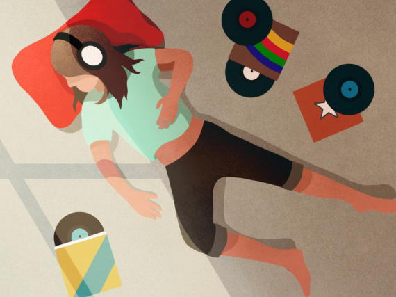 An illustration of a girl laying on a pillow and listening to records. 